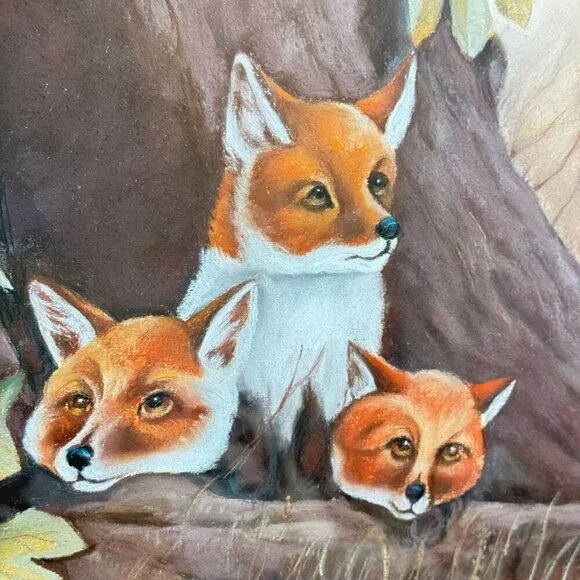Vintage Unique Framed Fox Family Original Painting Artwork 22"x 25" - Picture 4 of 16